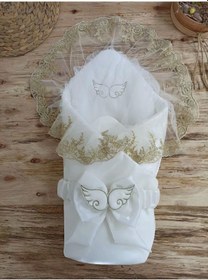 Resim Yenidoğan Shine Kumru Melek Kanat Fiyonklu Gold Dantel Duvaklı Delüks Kundak Bebek Battaniyesi Ekru Ekru 