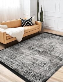 Resim RealHomes Gri Zemin Damask Motifli Kilim Desenli Eskitme Motif Etnik Motifli Salon Kaymaz Taban Saçaklı Halı HaliDik-Deluxe-11026, 150 x 150 