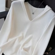 Resim Kadınlar için Rahat V-Yaka Kapüşonlu Kazak - Uzun Kollu, Düz Renk, Kontrast Trim, Tüm Mevsim Konforu, Rahat Giyim Kazak|Kapüşonlu Kazak|Dokulu 