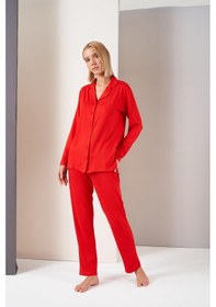 Resim Pjs Kadın Gömlek Yaka Önden Düğmeli Uzun Kollu Pijama Takım Kırmızı 