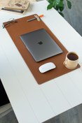 Resim dk leather Kahverengi Pu Deri Laptop Bilgisayar Için Geniş Gamings Masa Matı Mouse Pad Sümen+ Bardak Altlığı 