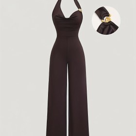 Resim Kadınlar İçin Şık Sırtı Açık Metal Detaylı Dar Kesim Tulum, Günlük Kullanım ve Yazlık Kıyafet 