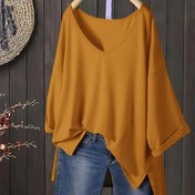 Resim Kadınlar için Rahat V Yaka Kısa Kollu T-Shirt, Kenarları Döndürülmüş ve Yan Delikli - Bol Kesim, Düz Renk, Bahar/Yaz için Hafif Polyester, Her Gün T-shirt | Vneck Üst | Pürüzsüz Dokusu 