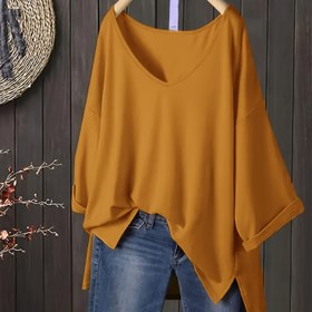 Resim Kadınlar için Rahat V Yaka Kısa Kollu T-Shirt, Kenarları Döndürülmüş ve Yan Delikli - Bol Kesim, Düz Renk, Bahar/Yaz için Hafif Polyester, Her Gün T-shirt | Vneck Üst | Pürüzsüz Dokusu 