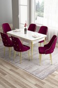 Resim Canisa Tia Serisi 80x132 Açılabilir Mdf Mutfak Masası Takımı Beyaz Masa Gold Detay 6 Mürdüm Sandalye 