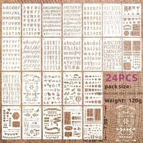 Resim 24 adet 18.01X11.0 cm Plastik Şablon Seti, Sanat ve El Sanatları Araçları, DIY Scrapbook Şablonları, Yeniden Kullanılabilir Kesme Boyama Şablonları, Çerçeveler İngilizce Harfler, Sayılar, Semboller, Kalpler, Yıldızlar, Oklar, Günlükler ve Kağıt Sanat Tasarımları ile 