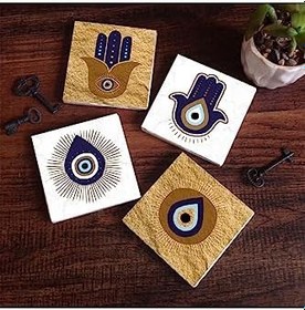 Resim Fatma Ana Eli (Hamsa), Nazar Taş Bardak Altlığı Seti - 4 Parça - Dekoratif, Rustik Mutfak Aksesuarı, 10x10 cm, Kaydırmaz Tabanlı, Şık ve Dayanıklı SC247 