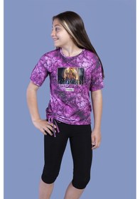 Resim Toontoy Kids Toontoy Kız Çocuk 2'li Takım Baskılı Bisiklet Yaka T-shirt & Basic Düz Tayt - Yırtmaç Detaylı - Bağcıklı Mor 