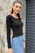 Resim Trend Alaçatı Stili Kadın Siyah U Yaka Fitilli Crop Triko Örme Bluz ALC-X9975 