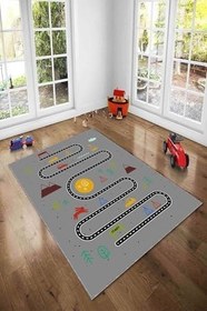 Resim Pelangi Doğa ve Hayvan Desenli Trafik Yollu Dijital Baskılı Yıkanabilir Kaymaz Taban Çocuk Halısı, Koyu Gri 60 x 200 