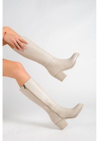 Resim Mubiano Mbhsn7072-bj Kadın Bej Kalın Topuklu Fermuarlı Uzun Çizme Bej 