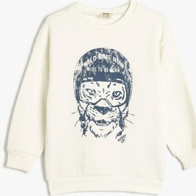 Resim Hipatu Koton Erkek Çocuk Hayvan Baskılı Sweatshirt Bisiklet Yaka Boxy Pamuk Karışımlı Ekru 