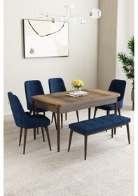 Resim Mabel Barok Desen 80x132 Mdf Açılabilir Mutfak Masası Takımı 4 Sandalye 1 Bench Lacivert 