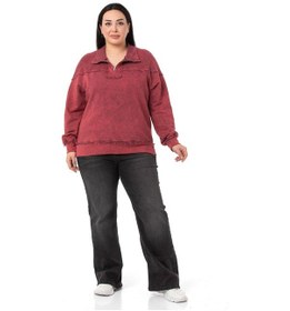 Resim Büyük Beden Pis Dikişli Fermuarlı Yırtmaçlı Parça Boyalı Bordo Sweatshirt-bordo Bordo 