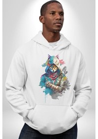 Resim Kedi Assassin's Creed Kadın Erkek Beyaz Kapüşonlu Sweatshirt Hoodie Beyaz 