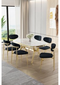 Resim Canisa Olya Serisi 90x168 Lak Panel Beyaz Mermer Desen Masa Takımı Gold Ayaklı 6 Antrasit Sandalye Masa Beyaz Mermer Antrasit Sandalye 