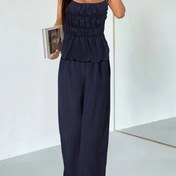 Resim Kadınlar için şık mavi ruched geniş paça pantolon takımı - kolsuz beli sıkı, yüksek yaka bluz ile çan kollu ve eşleşen geniş paça pantolon, bahar/yaz için mükemmel, çok yönlü moda kıyafeti | Ruched Tasarım | Dantelli Detay 