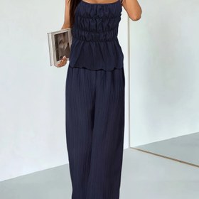 Resim Kadınlar için şık mavi ruched geniş paça pantolon takımı - kolsuz beli sıkı, yüksek yaka bluz ile çan kollu ve eşleşen geniş paça pantolon, bahar/yaz için mükemmel, çok yönlü moda kıyafeti | Ruched Tasarım | Dantelli Detay 