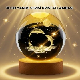 Resim Lazer Işlemeli Yunus Kristal Küre Sıcak Işıklı Ahşap Standlı 