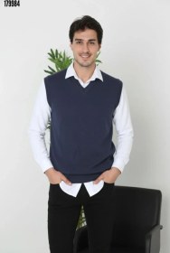 Resim Erkek V Yaka Kolsuz Süveter Triko Kazak yumuşak dokulu Pamuklu ince Dokuma Rahat Regular kalıp Lacivert 