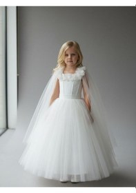 Resim Zekids Kız Çocuk Kol Detaylı Prenses Model Abiye Elbise-17245 Beyaz 