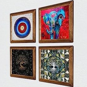 Resim Pinecone Nazar, Fil, Hayat Ağacı Taş Duvar Tablosu - Ahşap Çerçeveli Taş Tablo - 25x25 cm - 4 Parça Set - Dekoratif Duvar Sanatı - Modern Ev ve Ofis Duvar Dekoru W4-900 