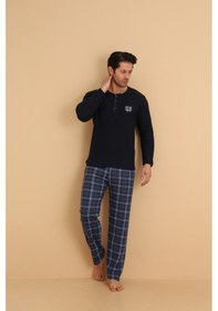 Resim Wordex Flkn 7015 İnterlok Kışlık Ekose Pijamalı Erkek Pijama Takımı Lacivert 