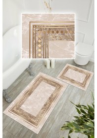 Resim Dijital Baskı Çerçeveli Kaymaz Taban 2li Set Banyo Paspası Klozet Takımı 50x60cm-60x100cm Krem 