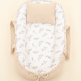 Resim Babynest ve Yastık - Çift Taraflı - Sütlü Kahve Örgü - Yapraklar 
