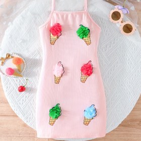 Resim Kızlar İçin Eğlenceli 3D Çiçekli Sundae Gündelik Askılı Elbise 