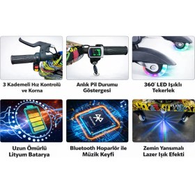 Resim Ryder Star Drift Car Drift Scooter Elektrikli Kaykay Hoverboard Dirift Kar Bluetooth Hoparlör LED Işıklı RS-R1 Bicolor Flame Grafiti 