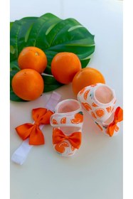 Resim Bilge Trend Kız Bebek Portakal Desenli Fiyonklu Patik ve Bandana Seti 