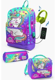Resim Coral High Kids Lavanta Su Yeşili Unicorn Desenli Usb'li 3 Lü Okul Çanta Seti Set0123829 