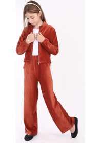 Resim Toontoy Kız Çocuk 2'li Takım Dik Yaka Fermuarlı Sweatshirt & Beli Lastikli Cepli Bol Paça Eşofman Altı - Kadife Kiremit 