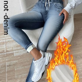 Resim [Denim Baskı/Taklit Denim] Kadınlar İçin Kışlık Sıcak Beyaz Yıkama Taklit Denim Kot Pantolon - Tam Vücut Mavi Yıkama & Püskül Kenar, Dar Kesim Esnek Tayt Beli İpli, Makinede Yıkanabilir Skinny Kot Pantolon Günlük & Resmi Kıyafetler İçin (Sonbahar/Kış) 