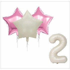 Resim 2 Yaş Kraft-gold Banner, 30 Adet Pembe, Gold, Beyaz Balon 2 Pembe 1 Bej Yıldızlı Doğum Günü Seti 