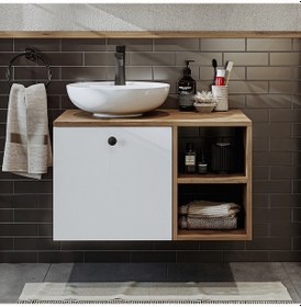 Resim Ayaksız Lavabolu Mdf 75 Cm Çekmeceli Banyo Dolabı Atlantik Çam - Beyaz 