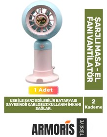 Resim Armoris Yeni Seri Sessiz 2 Kademeli Hafif Kablosuz 1200mAh Taşınabilir Usb Şarjlı Masa El Fanı Vantilatör 