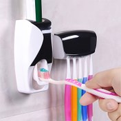 Resim Duvara Monte Otomatik Diş Macunu Dağıtıcı ve 5 Diş Fırçası Yuvası - Elektriksiz, Hijyenik Banyo Depolama Organizatörü, Dayanıklı Plastik, Beyaz & Siyah Tasarım, Şık Duvar Montajı, Diş Fırçası Tutucu 