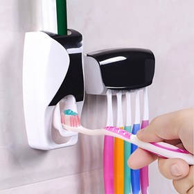 Resim Duvara Monte Otomatik Diş Macunu Dağıtıcı ve 5 Diş Fırçası Yuvası - Elektriksiz, Hijyenik Banyo Depolama Organizatörü, Dayanıklı Plastik, Beyaz & Siyah Tasarım, Şık Duvar Montajı, Diş Fırçası Tutucu 