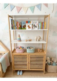 Resim Robin Home Montessori Doğal Bambu Bebek Çocuk Odası Raflı Kapaklı Kitaplık Oyuncak Dolabı Bej 