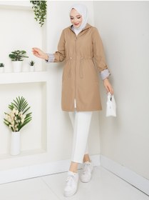 Resim RACE FASHİON Çizgi Desenli Bondit Kumaş Beli Lastikli Kapüşonlu Tesettür Trençkot RC905010 