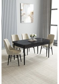 Resim Zümra Serisi, Siyah Mermer Desen 80x132 Açılabilir Mdf Mutfak Masası Takımı 4 Adet Sandalye, Krem 