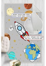 Resim Dijital Baskılı Dekoratif Kaymaz Taban Yıkanabilir Gezegenler Temalı Modern Çocuk Halısı Gri 