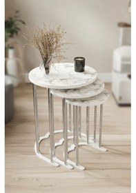 Resim Tokyo Gümüş Beyaz Mermer Mdf 3 Lü Yuvarlak C Zigon Sehpa Beyaz 