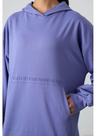 Resim Tommy Life Eflatun Balon Kol Yazı Nakışlı Kadın Oversize Tunik Sweatshirt - 97163 Eflatun 