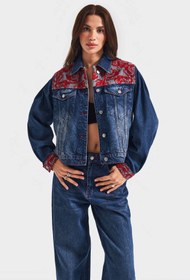 Resim Kadın Koyu Kot Rengi 2w5-10 Özel Kırmızı Desen Nakışlı %100 Koton Tasarım Denim Ceket - Koyu Kotrengi / 34 