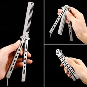 Resim İlkyaz Fashion Gri Katlanabilir Paslanmaz Çelik Kelebek Bıçak Tasarımlı Tarak 