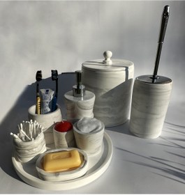 Resim MRY DEKOR Mermer Desenli Çoklu Çöp Kovalı Banyo Seti V1 Gümüş Başlıklı 