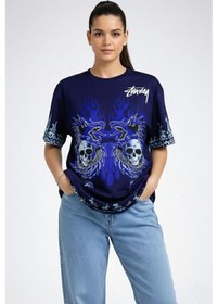 Resim Kadın Oversize Tişört Dragon Kuru Kafa Baskılı Bisiklet Yaka T-shirt - Lacivert 